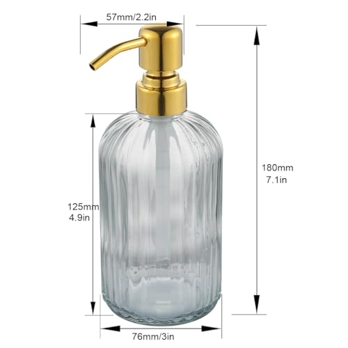 Image of Glass Soap Dispensers Brushed Gold, for Kitchen and Bathroom, Heavey Glass Bottle 15oz, Stainless Steel Head