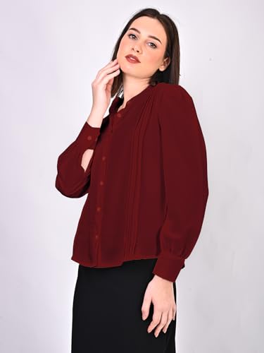 Image of Women's Regular Fit Solid Pleated Cotton Blend Shirts