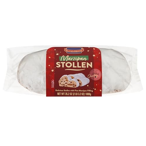 KuchenMeister Edel Marzipal Stollen 1000 g | Saftiger Stollen mit Rosinen, kandierten Früchten und einem Kern auf Marzipan | 1 x 1kg