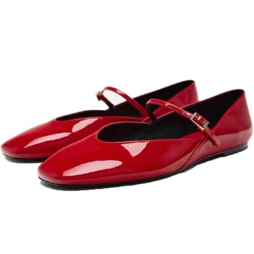 Women Patent Leather One Strap Shallow Mouth Flats Comfort Pointed Toe Slip On Anti-Slip Low Heel Dress Mary Janes