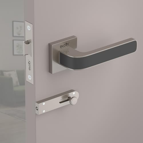 Image of GLOXY Premium Bathroom Door Lock with Satin & Black Finish - Mortise Bathroom Lock for Door with Brass Baby Latch - Heavy Duty Lock for Door with Keyless Plate Handle Set with 2 Years Warranty