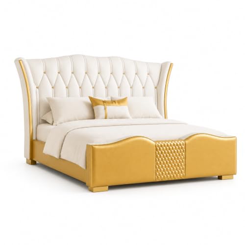Image of Upholstered King Size Bed with Box Storage for Bedroom | Wooden Double Bed with Wooden Ply with Storage | Platform Cot Palang with Headboard | 6.5 x 6 Ft | Sheesham Wood | White Golden