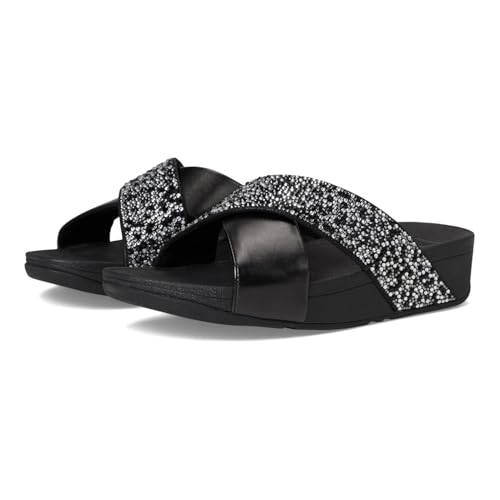 Image of FitFlop Womens Lulu Crystal-Mix Metallic Cross Slides All Black Sandal