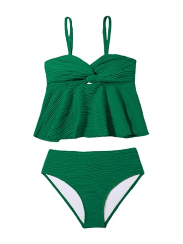 Image of OYOANGLE Girl's 2 Piece Tankini Swimsuit Textured Twist Front Ruched Ruffle Bikini Set Bathing Suits