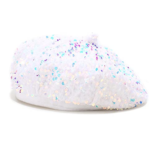 Women Girls Vintage Sequin Beret Hat French Style Artist Beanie Cap for Party Club Dance Halloween (One Size, 01-White)