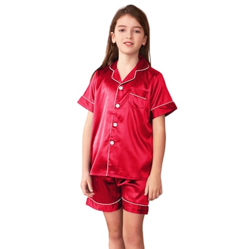 Teen Girls 2pc Satin Short 𝐏ajamas Sets Button Front Collar Shirt Shorts 𝐏𝐉 Soft Lightweight L𝐨ungewear Sl𝐞epwear