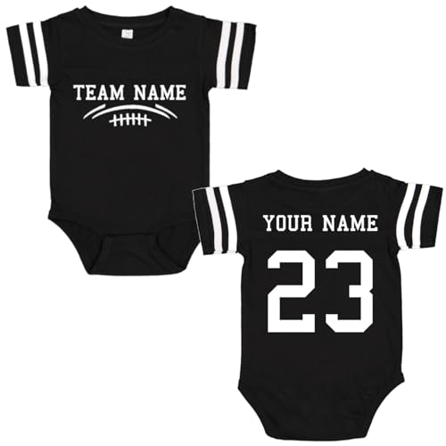 Rocket Bug Custom Team Cotton Football Sport Jersey Baby Bodysuit Personalized with Name and Number - Front & Back (3-6 months (6M), Black)