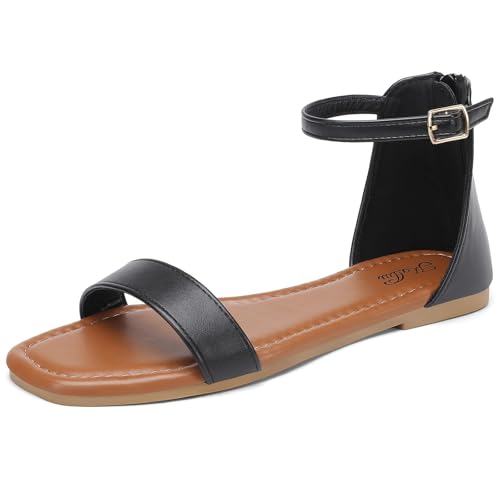 Image of katliu Women's Ankle Strap Flat Sandals One Band Dressy Sandals Square Open Toe Sandals for Summer with Back Zipper