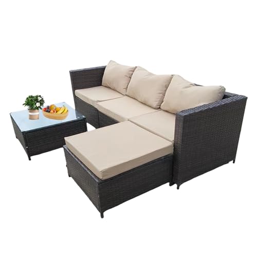 GadgetHaven Garden Corner Sofa Furniture, 4-Seater All-Weather Rattan Corner Sofa Set w/Tempered Glass Coffee Table,Ottoman - L-Shaped Patio Garden Furniture (Brown Rattan+Light Brown Cushion)-YXL-2
