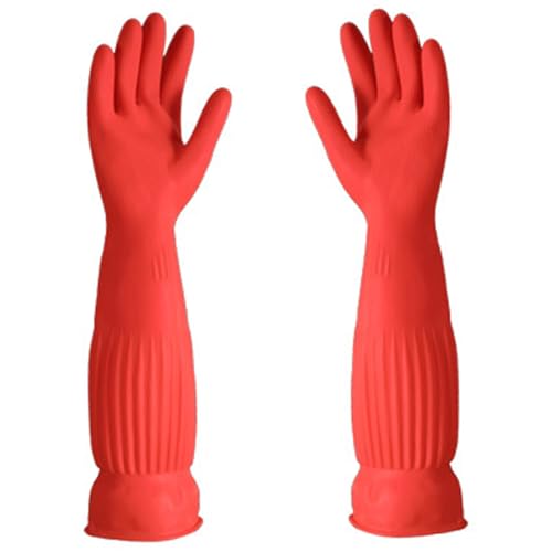 SHITOOMFE Guantes para lavar platos, guantes para lavar, 1 par de 18 largos, forro polar, limpieza de látex, antideslizantes e impermeables para cocina, lavandería, baño, rojo, plato