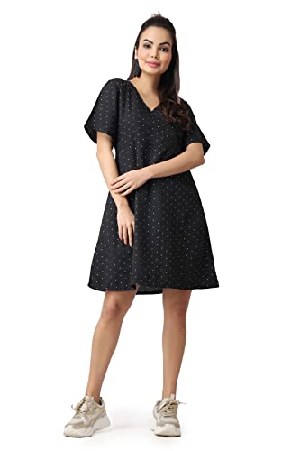Image of POPWINGS Casual Printed V-Neck Short Sleeves Knee-Length Fit and Flare Dress for Women || Frokc-Style Summer Wear Dresses for Women || Loose-Fit Comfortable Women Dress for Regular Wear