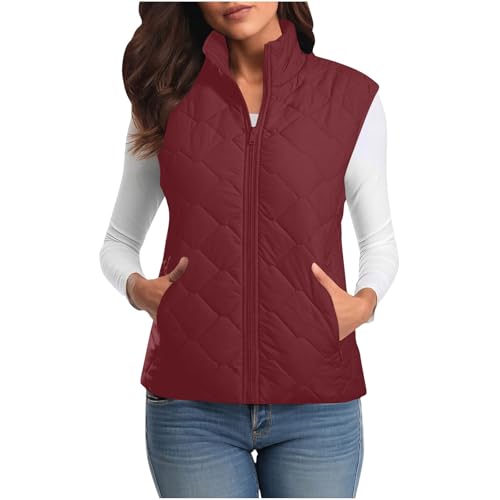 Womens Quilted Vest Stand Collar Lightweight Zip up Vest Padded Gilet Fall Winter Warm Outwear with Pockets