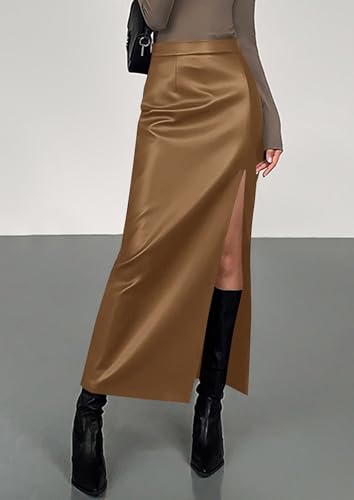 PRETTYGARDEN Womens Faux Leather Skirts 2025 Fall Fashion Bodycon High Waisted Slit Work Office Winter Maxi Long Pencil Skirt