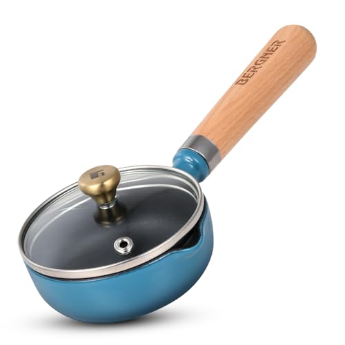 Image of BERGNER Excalibur Lightweight Cast Iron Tadka Pan with Lid 12cm, Non-Stick Vaghar Pan, PFAS Free, Perfect Heat Distribution, Elegant Design, Silicone Grips - Induction and Gas Stove Ready (Blue)