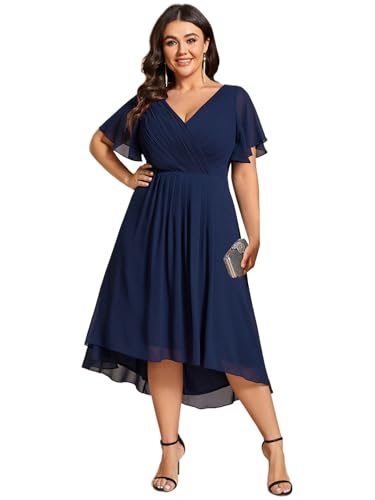 Ever-Pretty A Line V Neck Chiffon Short Sleeves High Low Knee Length Plus Size Wedding Guest Dresses for Curvy Women 01923-DA