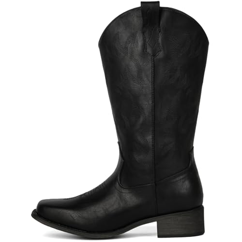 Image of IUV Cowboy Boots For Women Square Toe Wide Mid Calf Western Pull On Suede Fashion Black Brown Cowgirl Boots