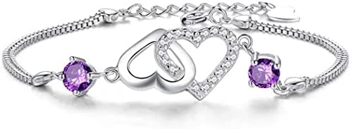 Branets Heart Bracelet 925 Sterling Silver Natural Charm Purple Rhinestones Bracelets Lucky Crystal Jewelry Adjustable Hand Chain for Women and Girls