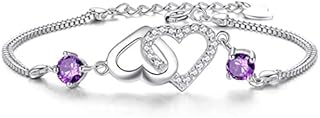 Branets Heart Bracelet 925 Sterling Silver Natural Charm Purple Rhinestones Bracelets Lucky Crystal Jewelry Adjustable Hand Chain for Women and Girls