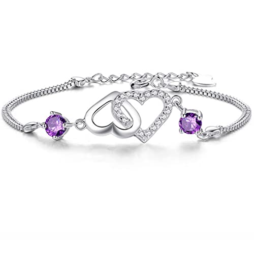 Branets Bracelet Coeur Argent Sterling 925 Charme Naturel Strass Violet Bracelets Bijoux Cristal Chanceux Chaîne Main Réglable pour Femmes et Filles Cover