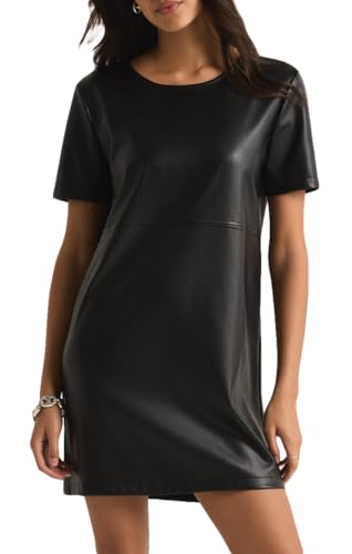 YEXPINE Women's Faux Leather Mini Dress Short Sleeve Leather Tunic Dress A-Line Party Dress Black