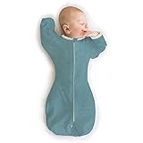 SwaddleDesigns Transitional Swaddle Sack with Arms Up Half-Length Sleeves and Mitten Cuffs, Heathered Teal with Polka Dot Trim, Medium, 3-6 Mo, 14-21 lbs (Better Sleep, Easy Swaddle Transition)