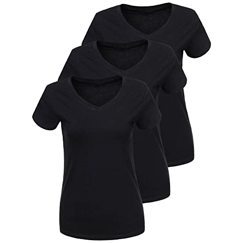 LiKing Camiseta Mujer Algodón Manga Corta con Escote en V, Pack de 3 Negro S Cover