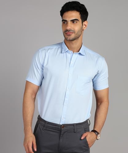 Image of MILDIN Men's Cotton Blend Solid Shirt with Spread Collared Half Sleeve Curved Hemline Button Closure Regular Fit and One Pocket | Half Sleeve Shirt for Men