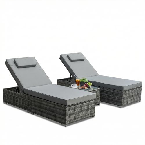 Clevich 3 PCS Rattan Sun Lounger Set 5-Level Adjustable Outdoor Recliner Patio Loungers with 8cm Thick Cushion Detachable Headrest & Glass Coffee Table All-Weather PE Wicker Garden Furniture Grey