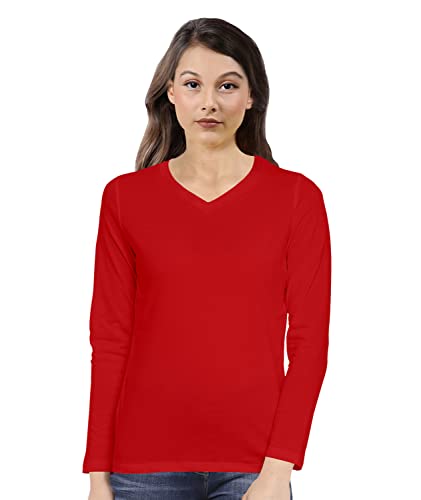 Image of Pooplu Women's Regular Fit Plain V Neck Full Sleeves Multicoloured 100% Cotton Pootlu T Shirt. Stylish, Casual Tshirts
