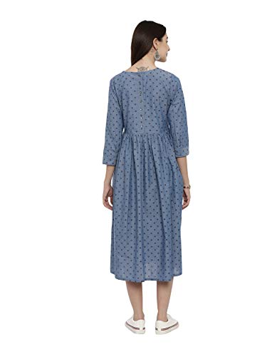 Image of Elleora Women Denim Navy Block Printed Fit and Flare Dress.