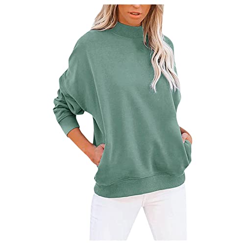 Sudadera casual de manga larga para mujer, ajuste holgado, cuello alto, ligera, con bolsillo, suéter para mujer, de moda, casual, de algodón, de manga larga, camiseta blanca para mujer Cover