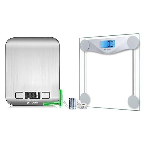 Etekcity Küchenwaage Edelstahl 5kg, LCD-Display mit Beleuchtung, hohe Präzision auf bis zu 1g + Etekcity Personenwaage 180kg Glas, Genauigkeit von 0,1 kg, LCD-Display Etekcity Küchenwaage Edelstahl 5kg, LCD-Display mit Beleuchtung, hohe Präzision auf bis zu 1g + Etekcity Personenwaage 180kg Glas, Genauigkeit von 0,1 kg, LCD-Display