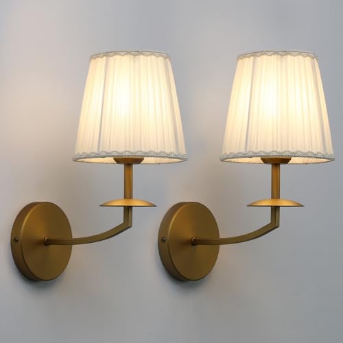 Image of Yosoan Brass Gold Retro Boho Beige-White Gauze Fabric Shade Wall Sconce Set of 2, Vintage Vanity Antique Indoor Hardwired Champagne Bronze Flared Fabric Shade for Bedroom Hallway Living Room