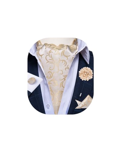 Image of DiBanGu Mens Silk Ascot Ties Paisley Jacquard Woven Cravat and Pocket Square Cufflinks with Lapel Pin for Business Wedding