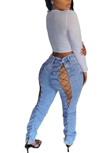 LROSEY Women’s Skinny Lace Up Jeans y2k Sexy Raw Trim High Waisted Ripped Strappy Hollow Out Denim Jean Pants