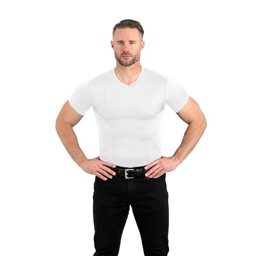 CCW Tactical Concealed Carry Holster Shirt | Quick Access Open Pocket with Large Storage | All Season Moisture Wicking Compression Shirt | Mens V-Neck, White XL