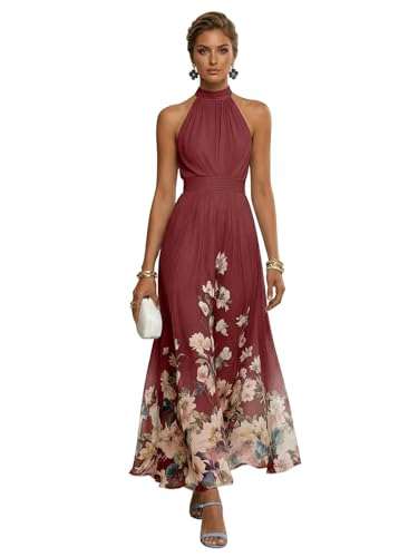 RYANTH Burgundy Pleated Formal Wedding Dresses for Women Long Printed Flower Chiffon Bridesmaid Dresses Halter A Line Wedding Guest Dress Size 8