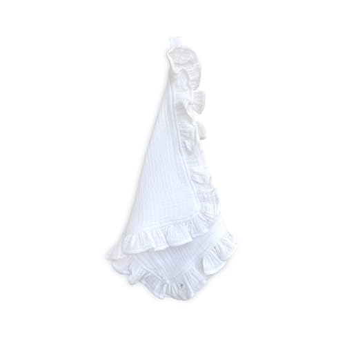 Image of Ryan & Rose Cutie Lovey - Soft 100% Organic Cotton Muslin with Attachable Snap Closure - Baby Lovey Security Blanket (Ruffle White)