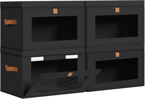 Image of DIMJ Storage Bins with Lids - 4 Pack Large Fabric Closet Organizer with Window & Handles, Collapsible Decorative Storage Boxes for Shelves Under Bed, Books Clothes Blankets Sweaters Organization