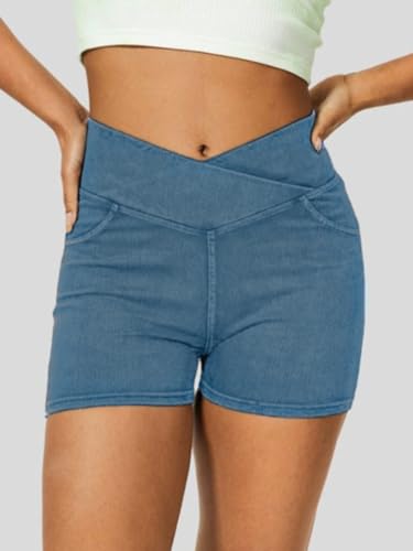 High Waisted Jeans Shorts for Women Stretchy Shorts Crossover Denim Summer Bermuda Pants with Pockets Summer4