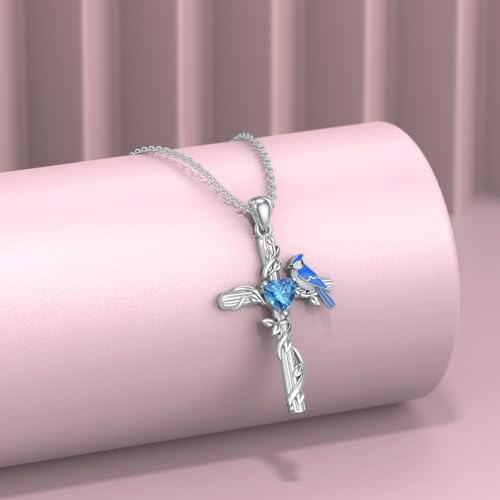Blue Jay Necklace for Women 925 Sterling Silver Natural Swiss Blue Topaz Blue Jay Cross Pendant Our Love Never Dies Bird Jewelry Gifts for Mom Wife3