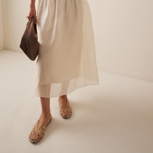 Women Mesh Ballet Flats Rhinestone Breathable Mesh Flats Slip On Ballerina Shoes Embroidered Floral Comfortable Casual Dress Shoes Purple Embroidery Size 8.53