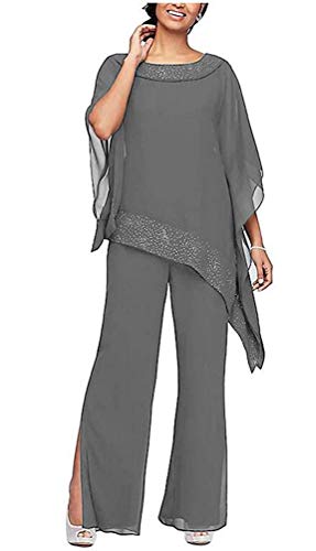 Chiffon Pants Suits Sets for Mother of The Bride 3 PC Beaded Women Outfits Evening Gowns Grey US18W