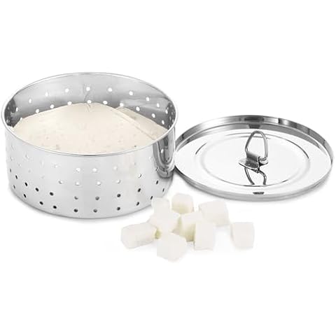 KSJONE Stainless Steel Round Paneer Maker/Mould/Strainer Perfect for Making Delicious Tofu, Stainless Steel Paneer Maker with Top Pressing Lid - Size 5.5"W x 5.5"L x 2.3"H inches Cover