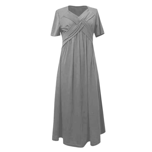 Womens V Neck Short Sleeve Midi Dress Summer Plus Size Pleated Flowy Sundress Wedding Guest Dresses with Pockets3