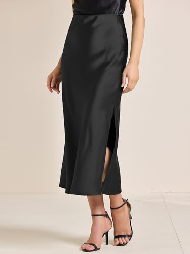 Allegra K Women's Satin Midi Skirt High Waist Elastic Waistband Split Casual A-Line Long Skirts 20253