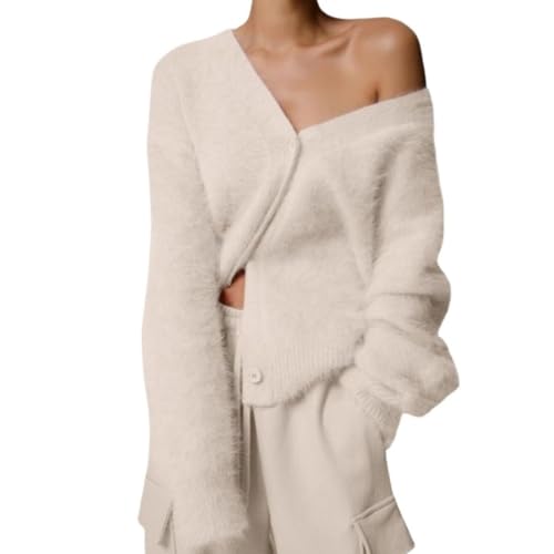 Image of Womens Fuzzy Sweaters Cardigan V-Neck Button Down Oversized Mohair Sweater Casual Y2k 2026 Fall Winter