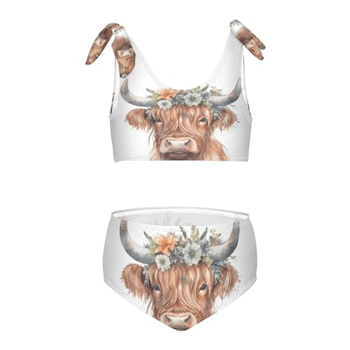 Image of QUGRL Cute Highland Cow Girls Tankini Swimsuit Watercolor 2 Piece Bathing Suits for Girls Bikini Adjustable Straps for Swimming Size 5-6T