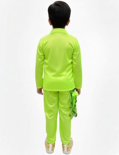 Image of BookMyCostume Light Green Annual Day Dance Dress for Boys | Full Sleeves Sequin Collared Shirt with Matching Pants | Western Dance Costume for Kids | Stylish Fancy Dress | 10-12 Years