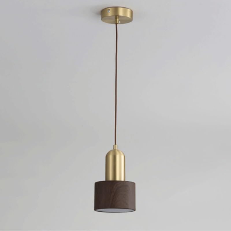 Suspension E27 réglable d'intérieur, abat-jour en cuivre et noyer pour salon et étude